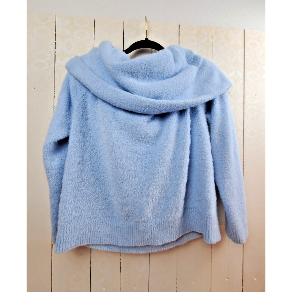 Light Blue Fuzzy Eyelash Knit Cowl Neck Off Shoulder Sweater Womens Medium - Picture 2 of 7